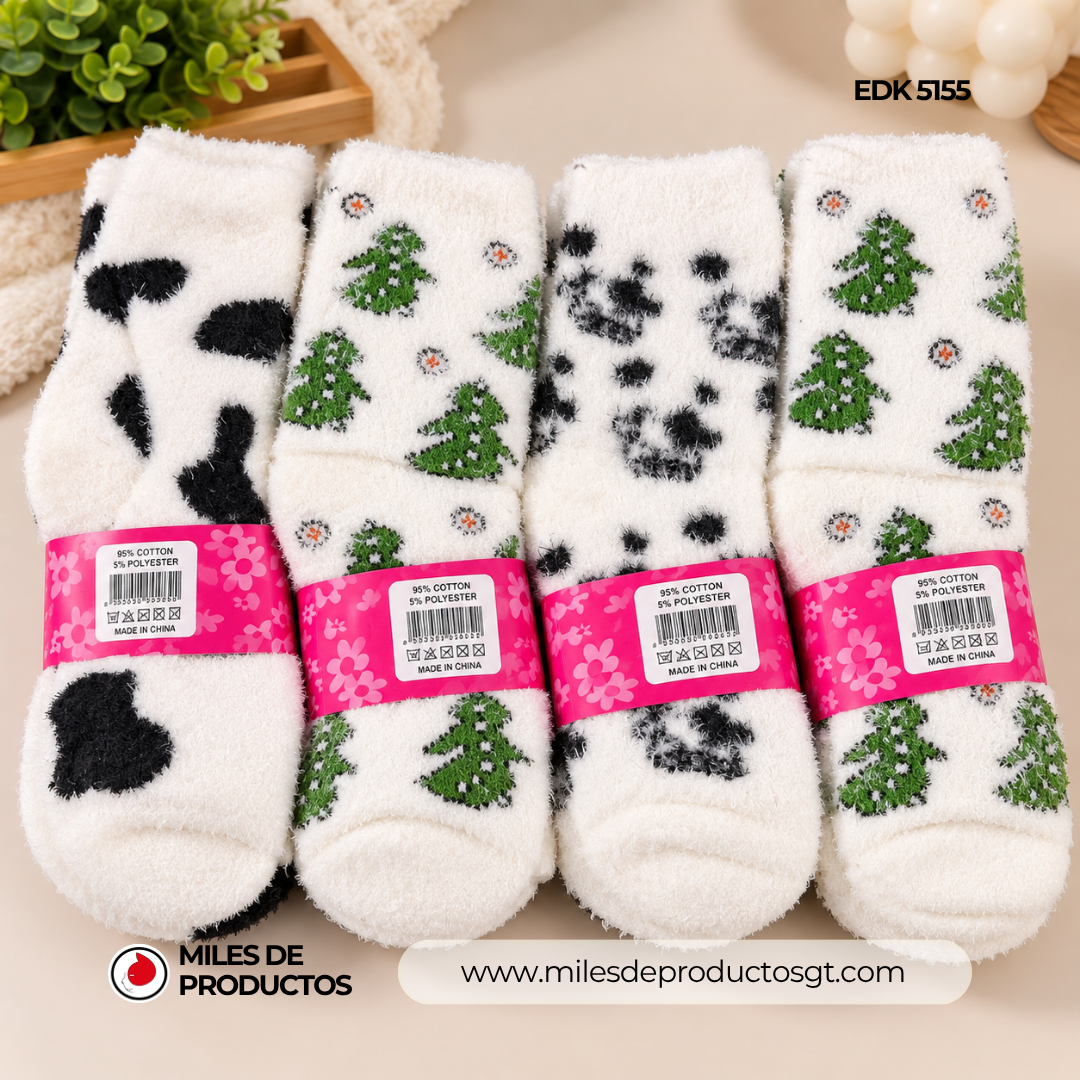 CALCETINES PELUDITOS DE POLIÉSTER PARA ADULTOS, DISEÑO NAVIDEÑO Y DE VAQUITA EDK 5155