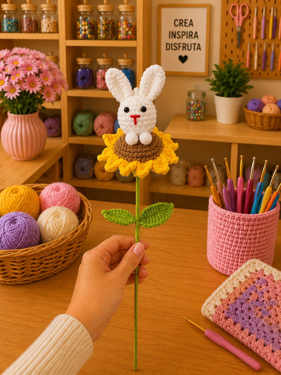 FLOR TEJIDO GIRAZOL CON FIGURA DE CONEJITO EDD 514