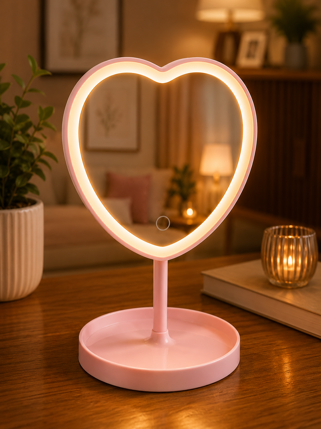 ESPEJO  LED DE MAQUILLAJE DE CORAZON DE PLÁSTICO  PARA ESCRITORIO EDB 303