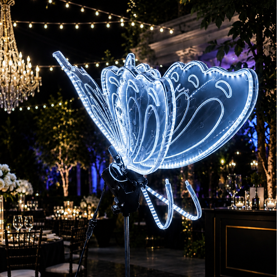 DETALLE PARA DECORACION DE EVENTOS ,LUZ PLASTICO BLANCA CON BASE MARIPOSA
