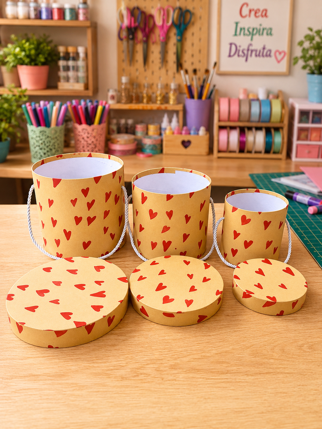 SET DE 3 CAJAS CILINDRICAS DE CARTON CON ESTAMPADO DE CORAZON EDD 908