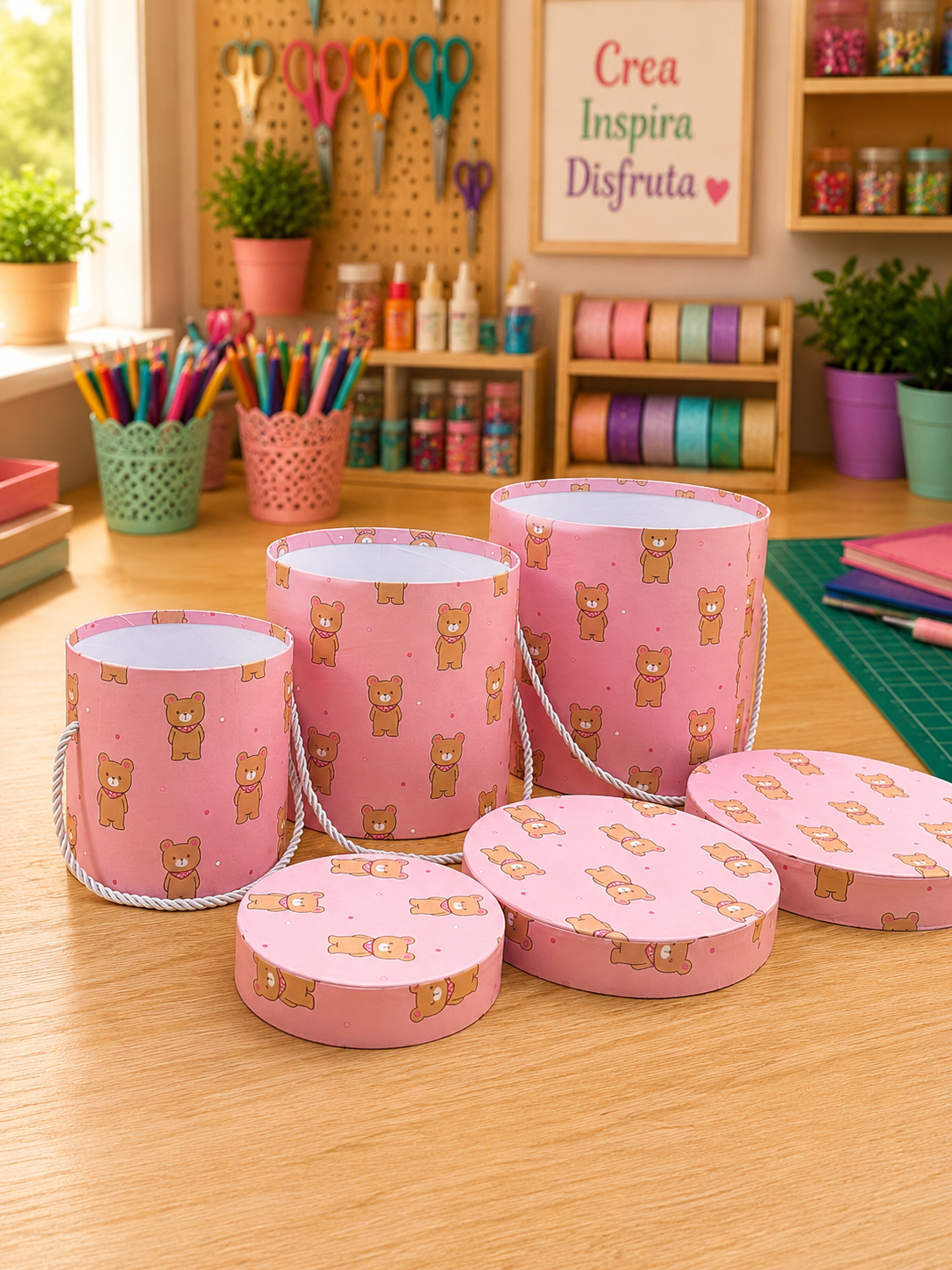SET DE 3 CAJAS  CILINDRICAS DE REGALO DE PAPEL CON ESTAMPADO DE OSO EDD 908