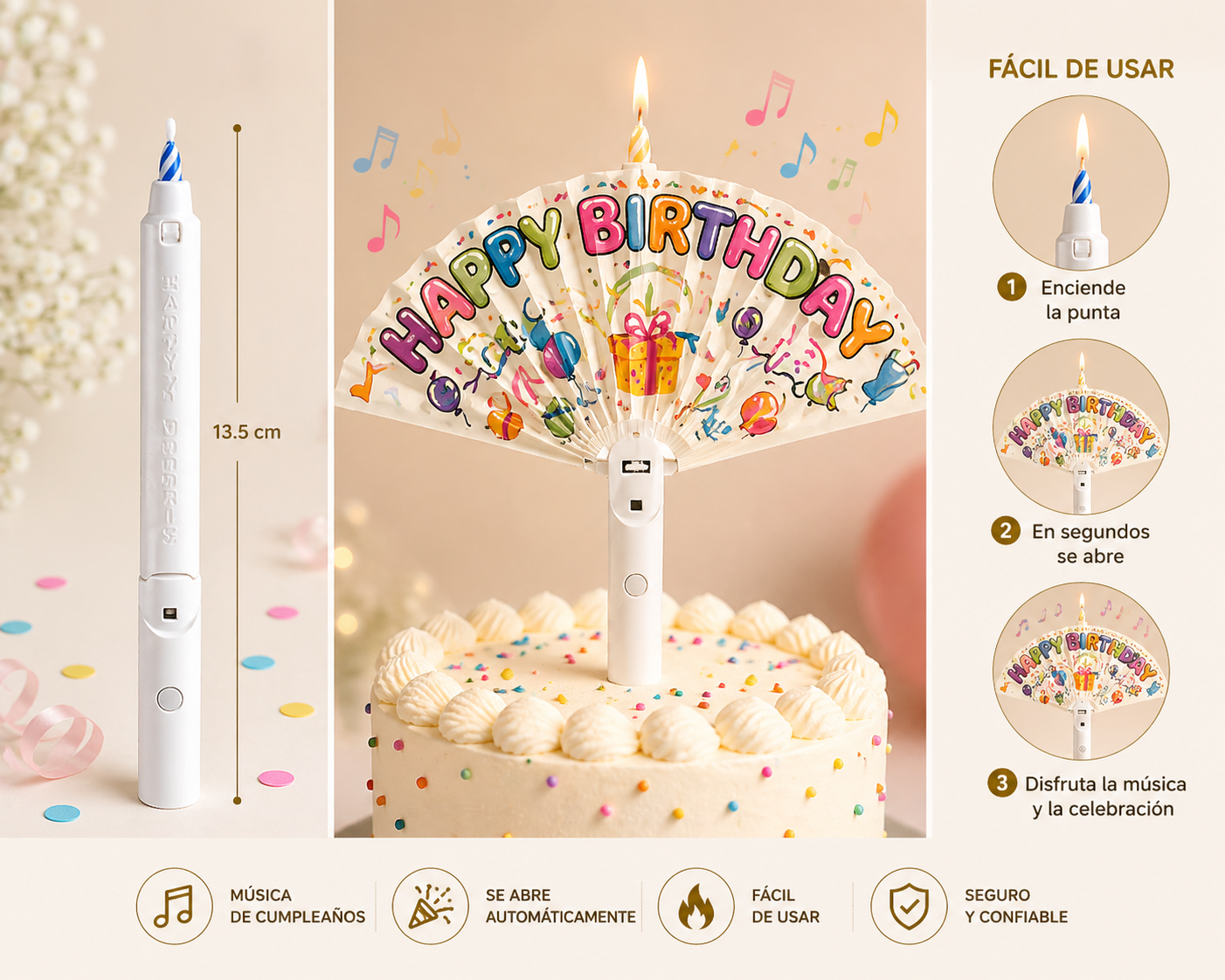VELA MUSICAL DE PLÁSTICO CON ABANICO DE COLORES EBA-59